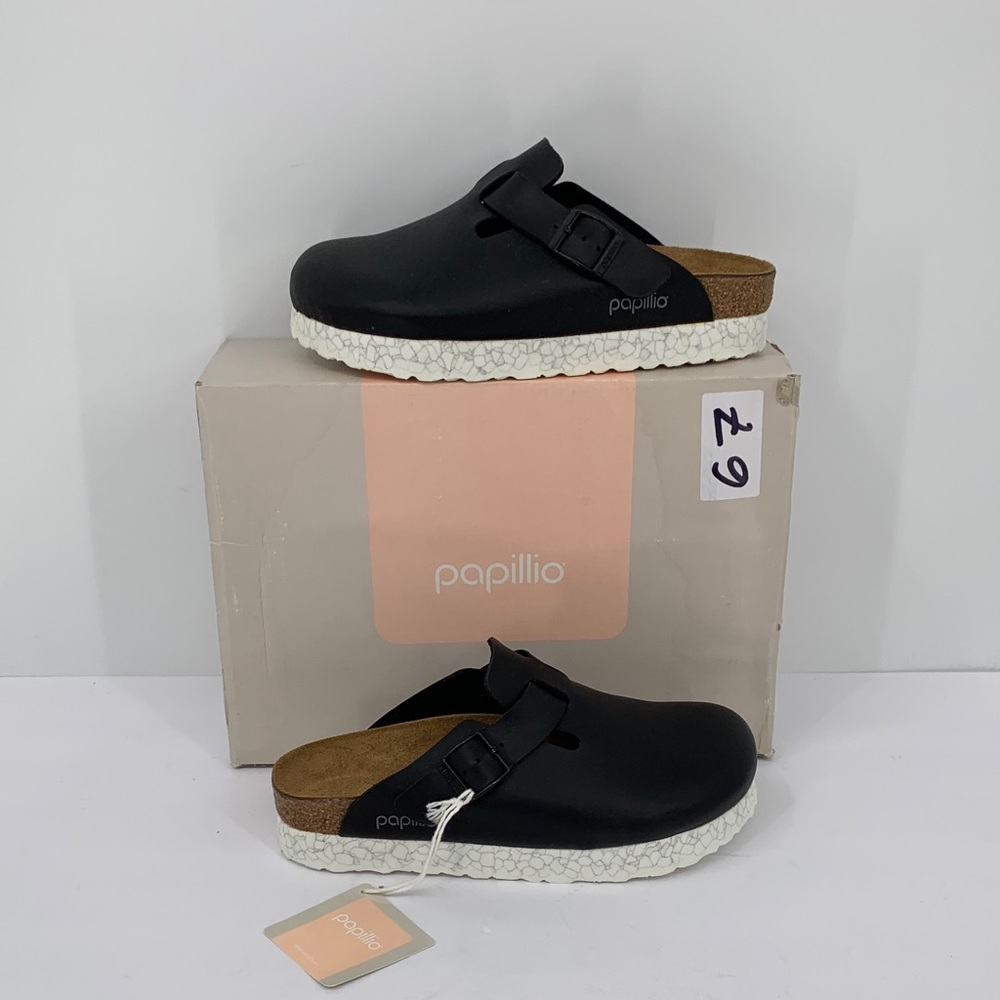 Birkenstock Papillio Black Clogs with White Sole